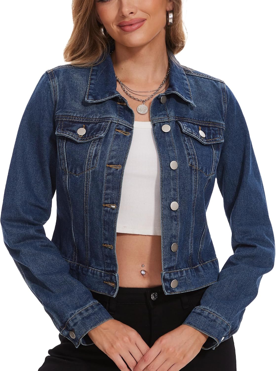 andy & natalie Women's Cropped Denim Jacket with Pockets