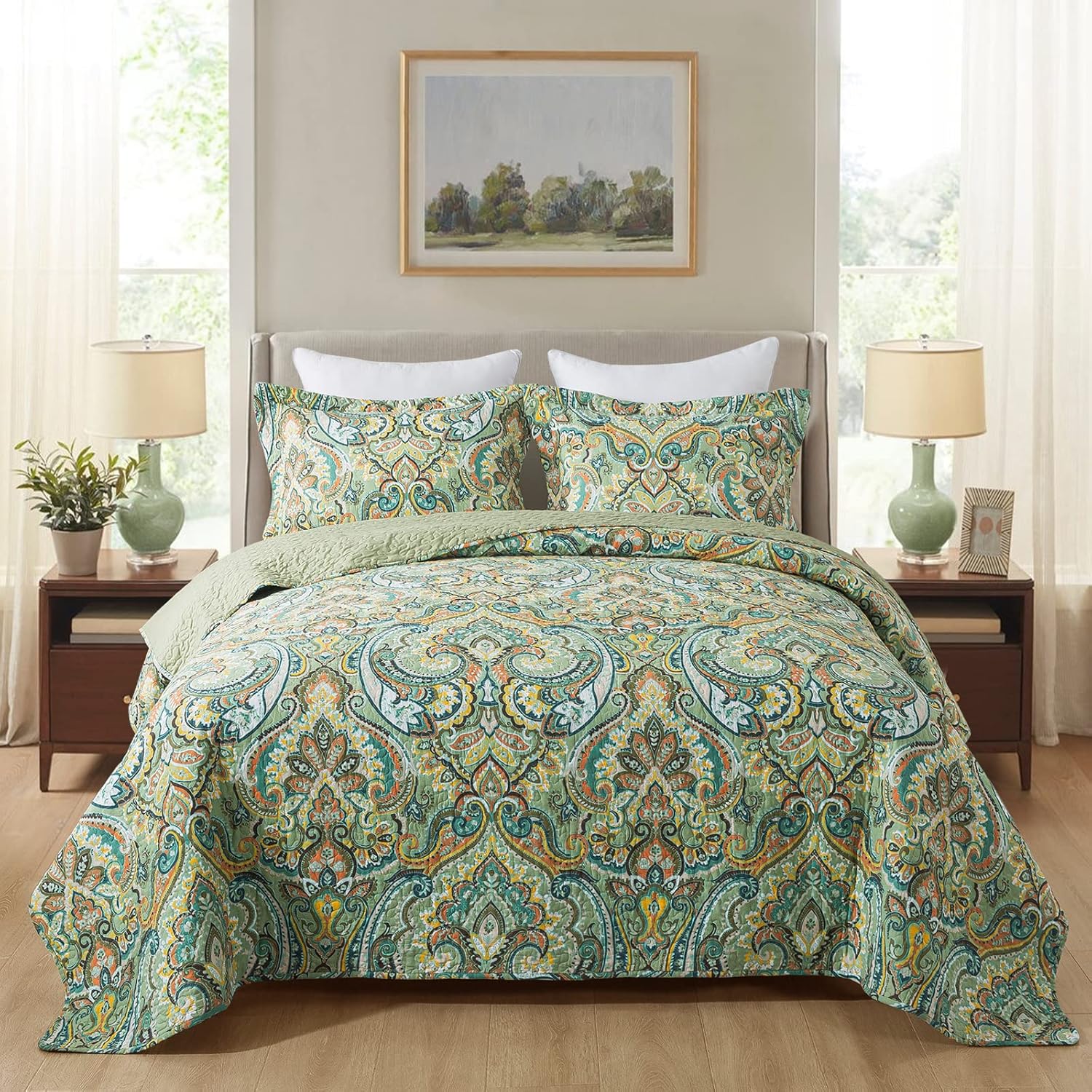 NEWLAKE Cotton Bedspread Quilt Set with European Green Floral Design