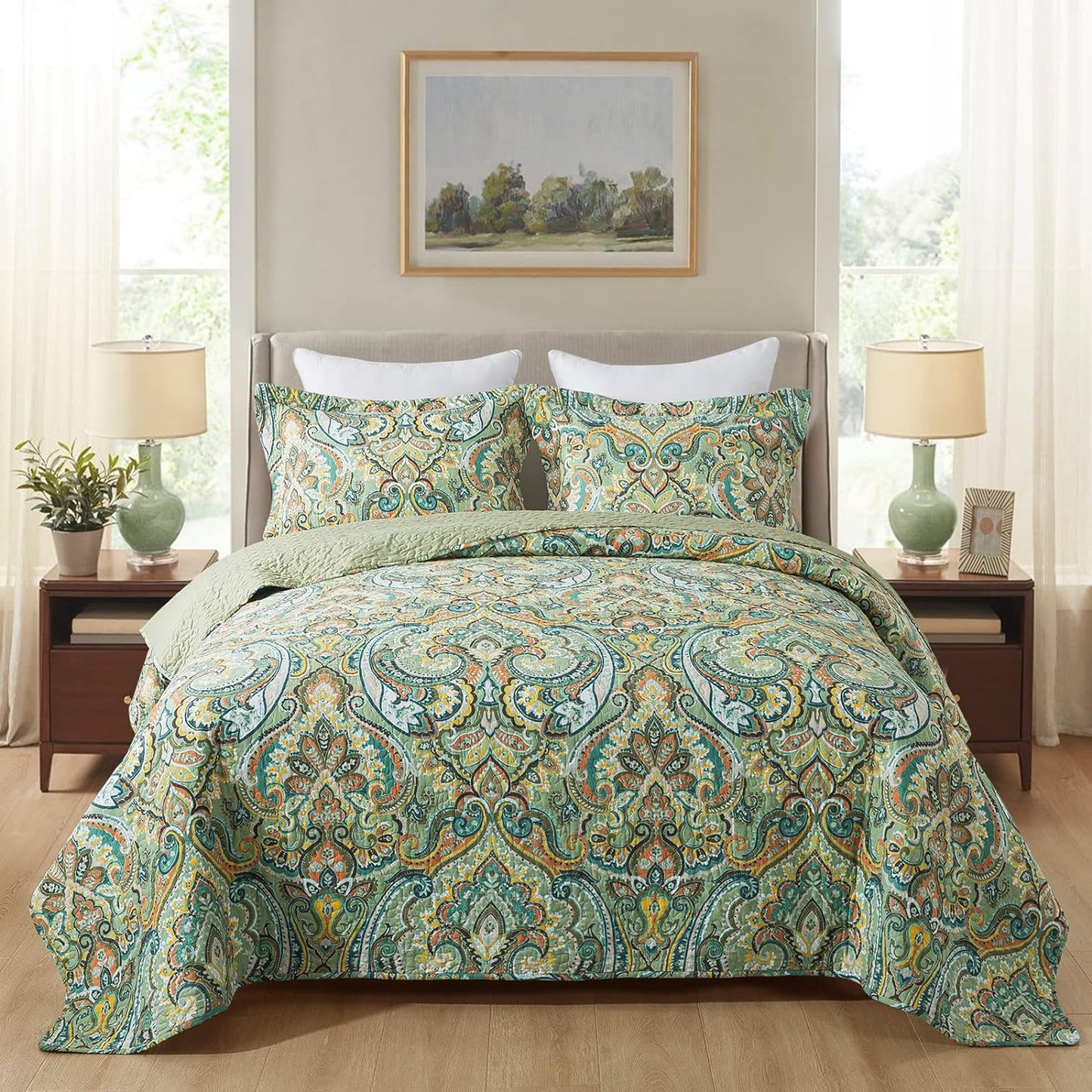 NEWLAKE Cotton Bedspread Quilt Set - Reversible Floral Design