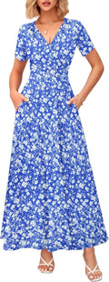 Women's Summer Maxi Dress Wrap V Neck with Pockets - Flattering Fit is