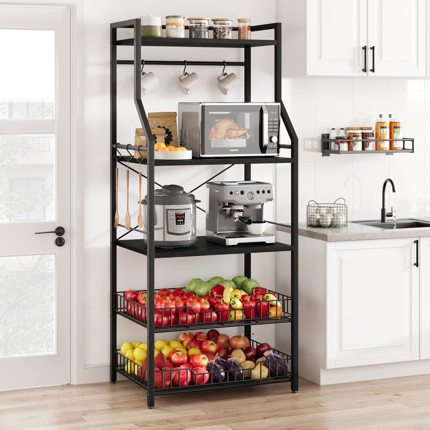 Industrial Kitchen Bakers Rack, 5-Tier Storage Shelf & 8 Hooks, Rustic Black