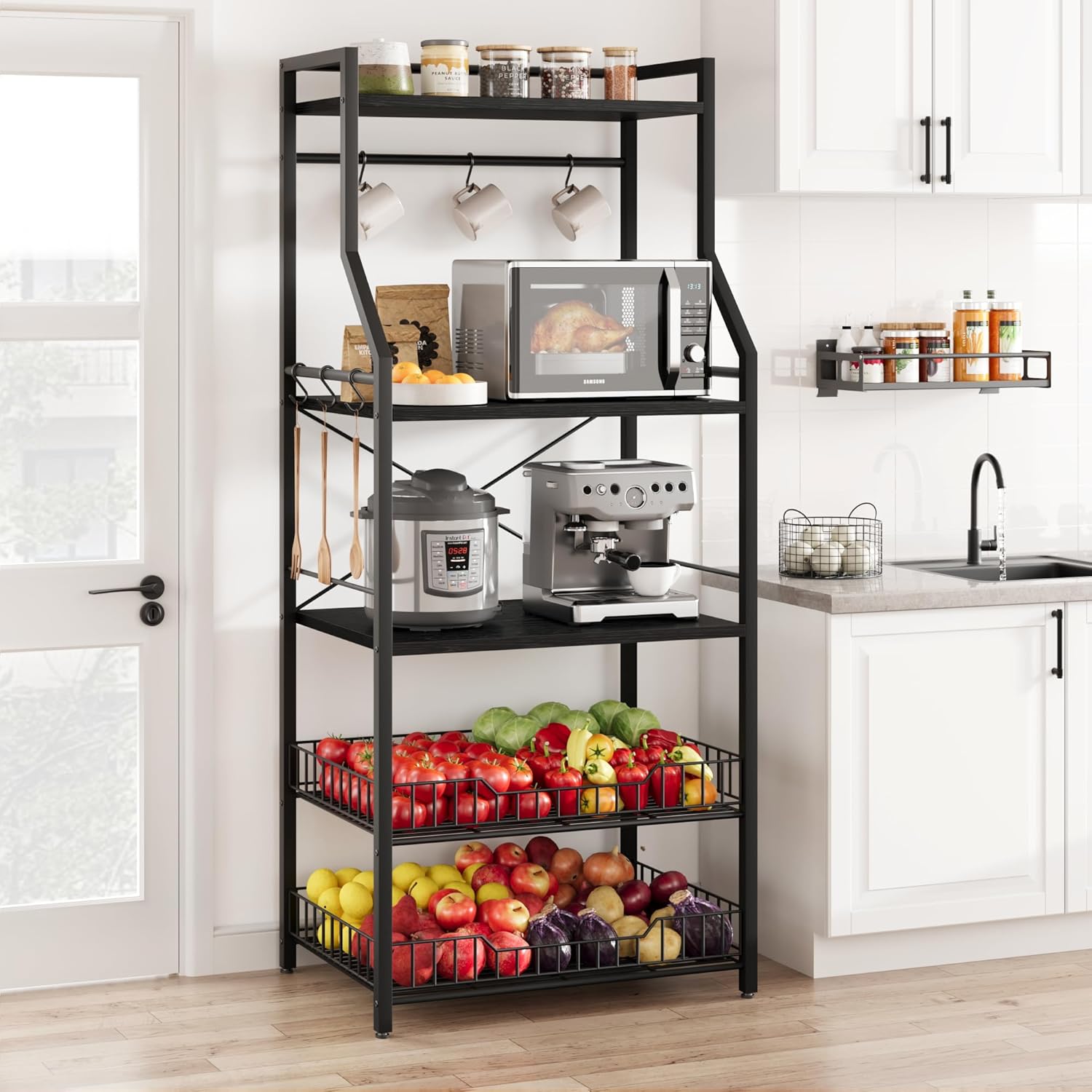 Industrial Kitchen Bakers Rack, 5-Tier Storage Shelf & 8 Hooks, Rustic Black