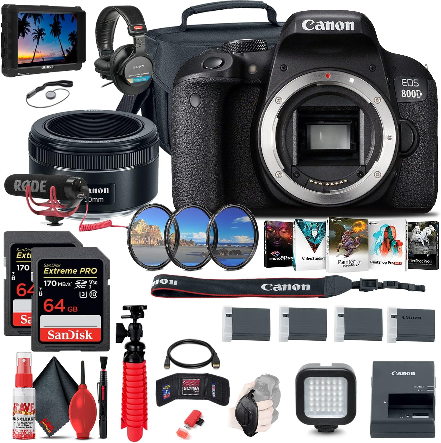 Canon Rebel 800D Bundle: DSLR Body + 4K Monitor + EF 50mm Lens + Pro Audio & Accessories