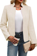 Womens Tweed Blazer Long Sleeve Notch Collar - Elegant Work Jacket is