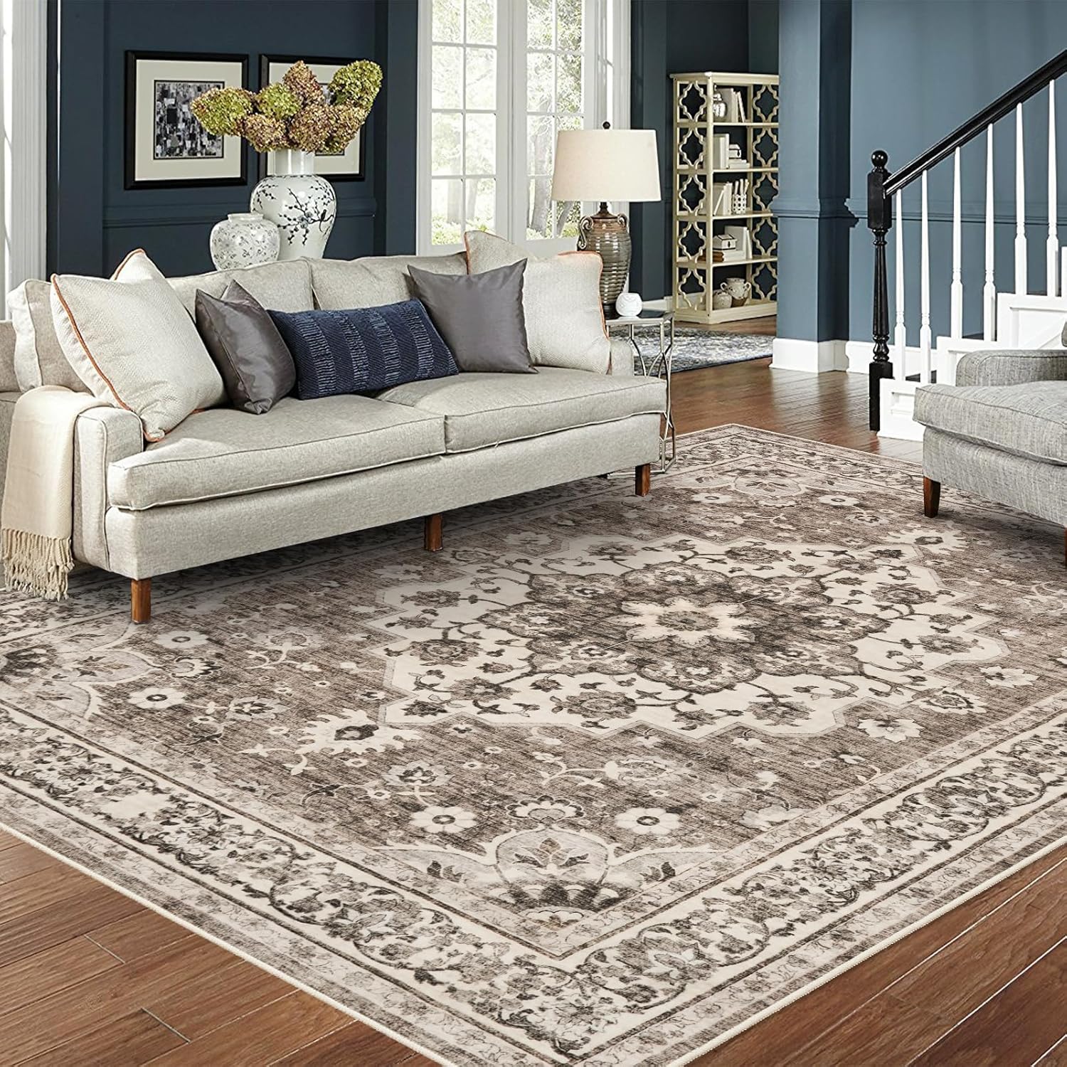 Washable Oriental Area Rug - 8x10 Soft Carpet for Living Room