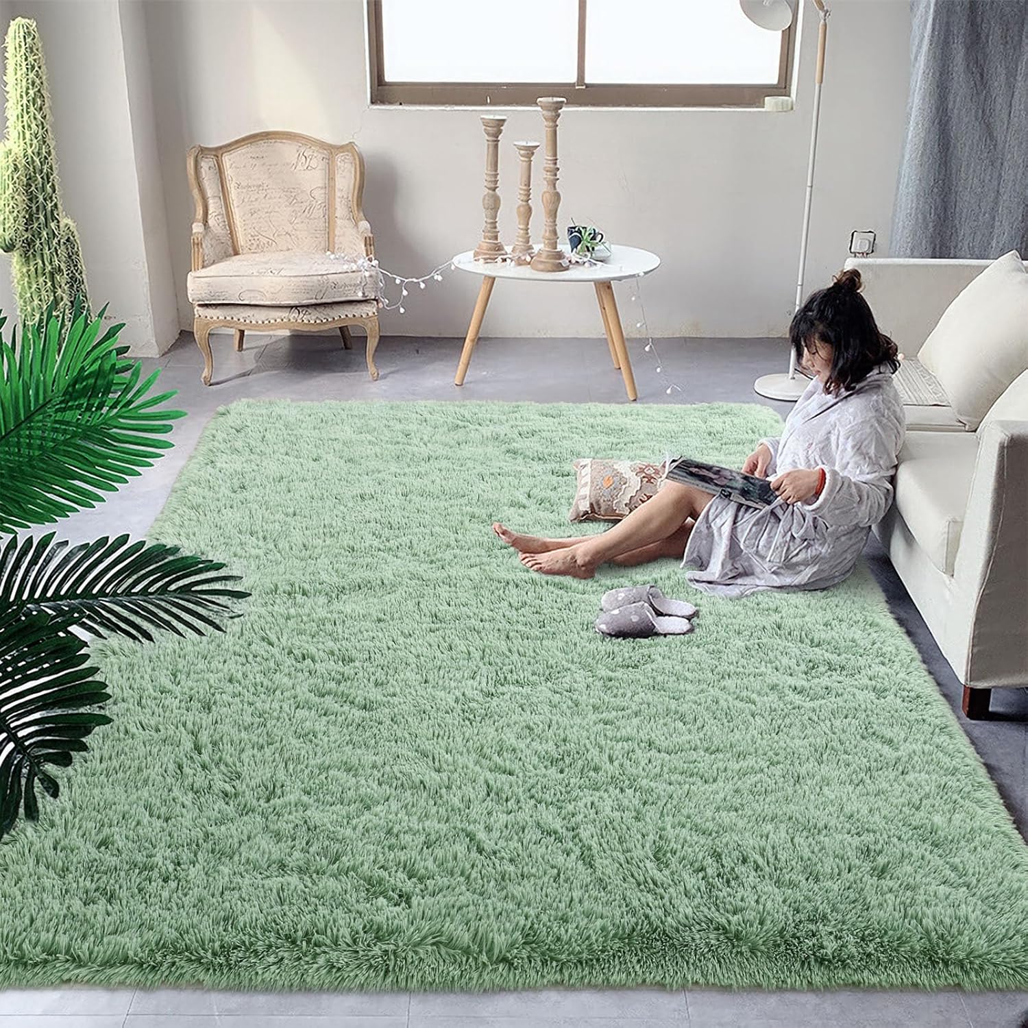 DweIke Fluffy Sage Green Rugs for Bedroom and Living Room