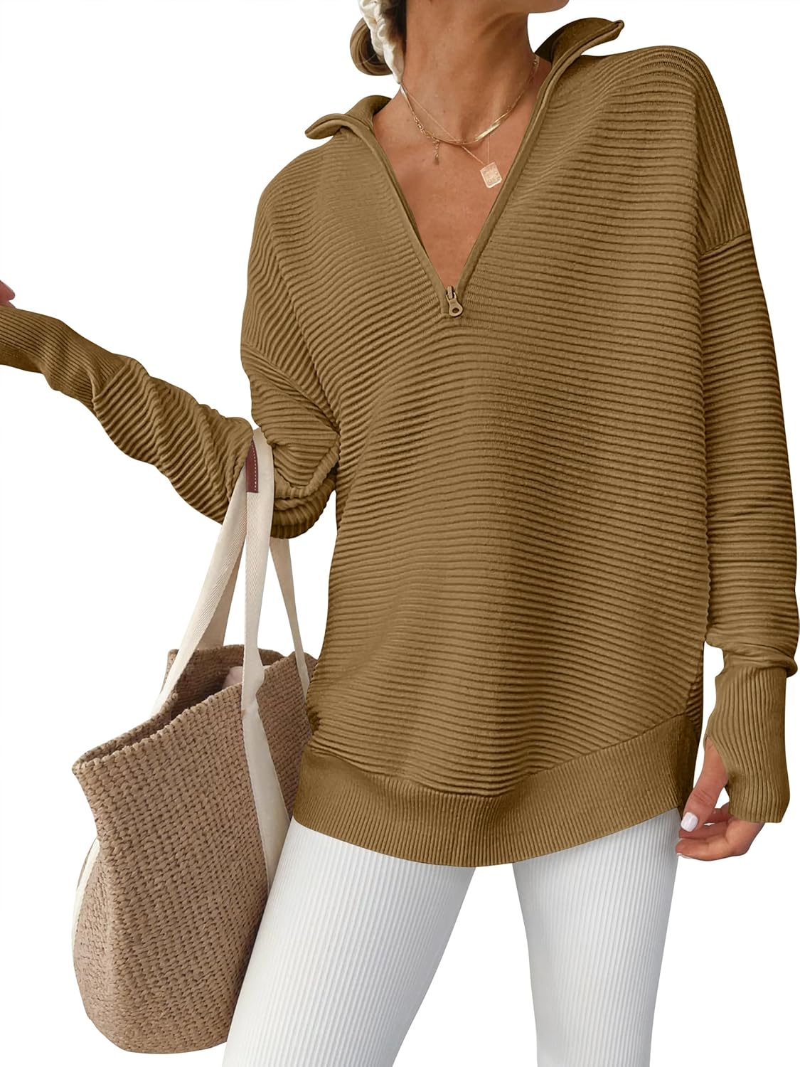 Womens Long Sleeve Quarter Zip Pullover Sweater for Casual Style