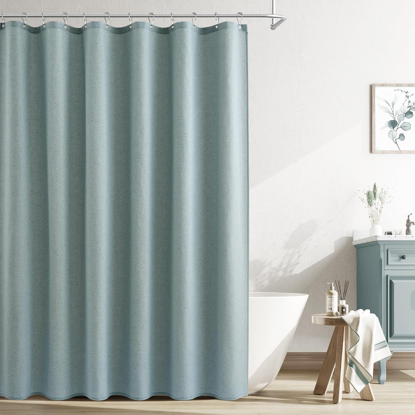 Light Blue Linen Shower Curtain for Boho Farmhouse Decor