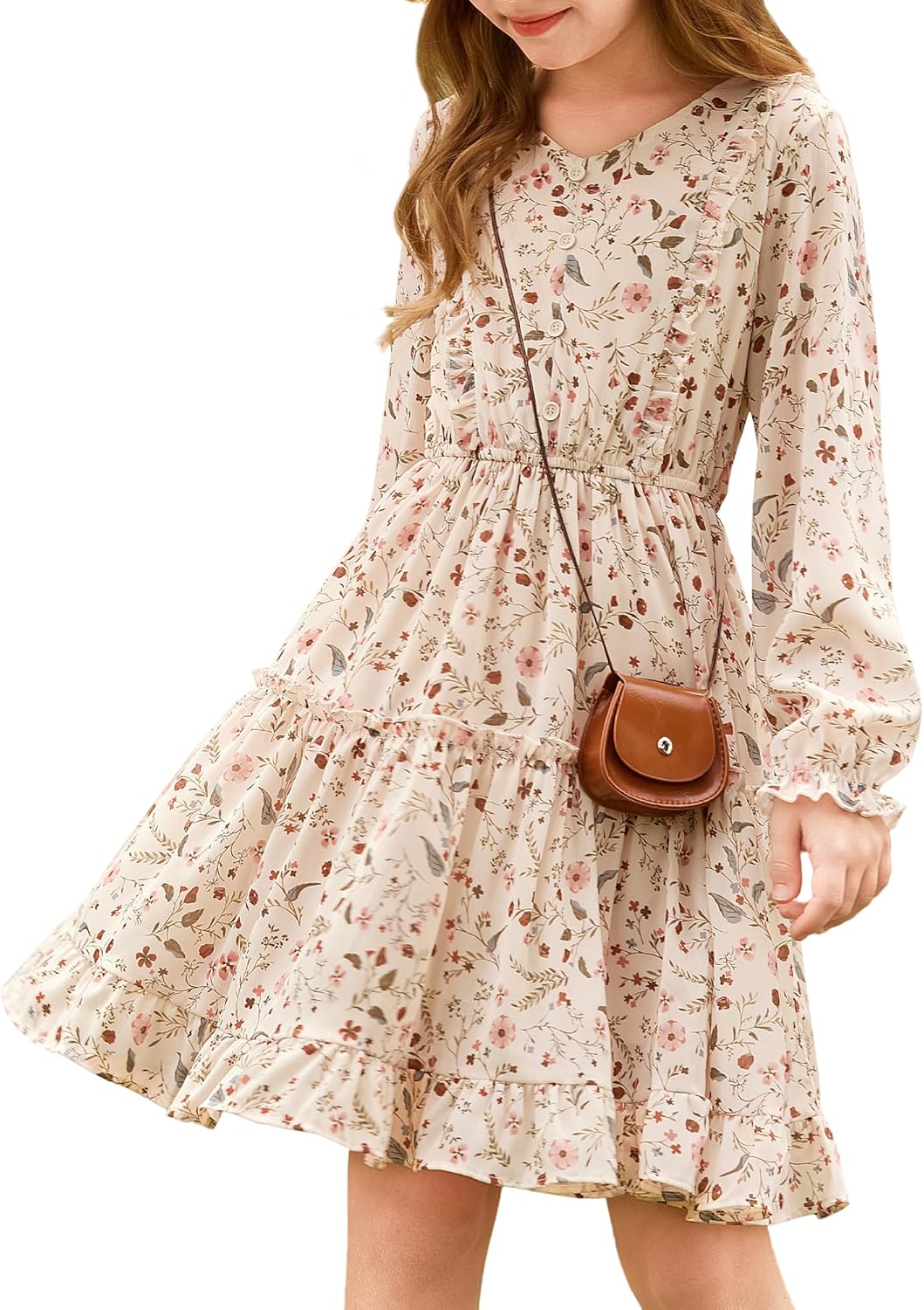 Girls V-Neck Floral Dresses for Casual Fall Winter Wear