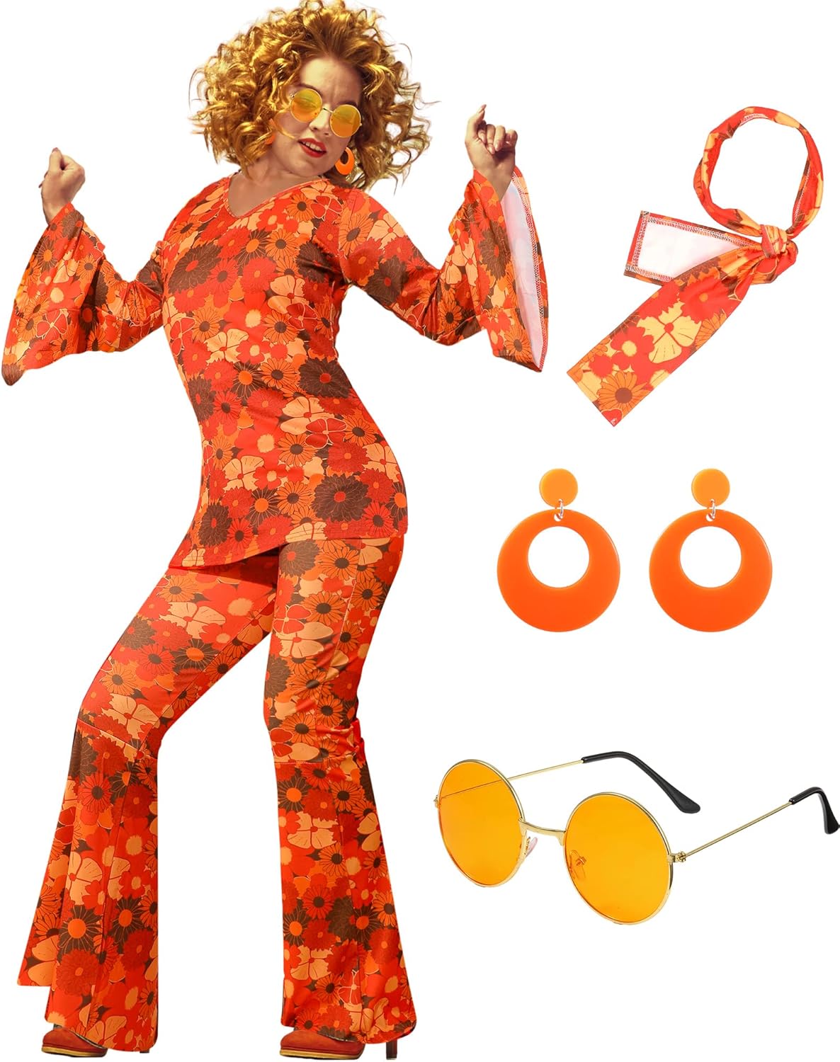 Hippie Disco Outfit for Women with Flared Pants and Accessories
