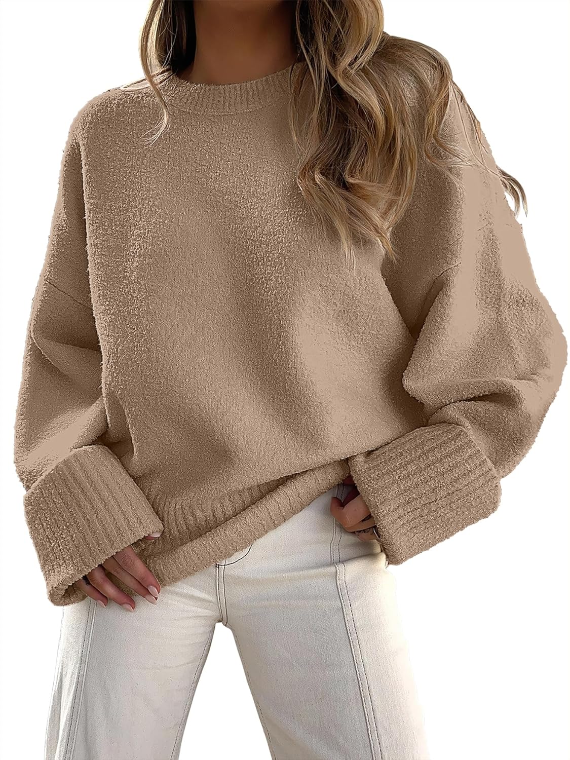 Oversized Crewneck Long Sleeve Fuzzy Knit Sweater for Women