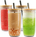Mason 4 Pack Reusable Tea Cups 24oz Wide Mouth - Bamboo Lids & Straws