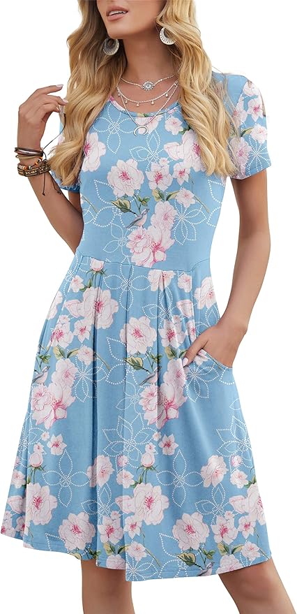 DouBCQ Women's Casual Flowy Pleated Loose Dresses with Pockets