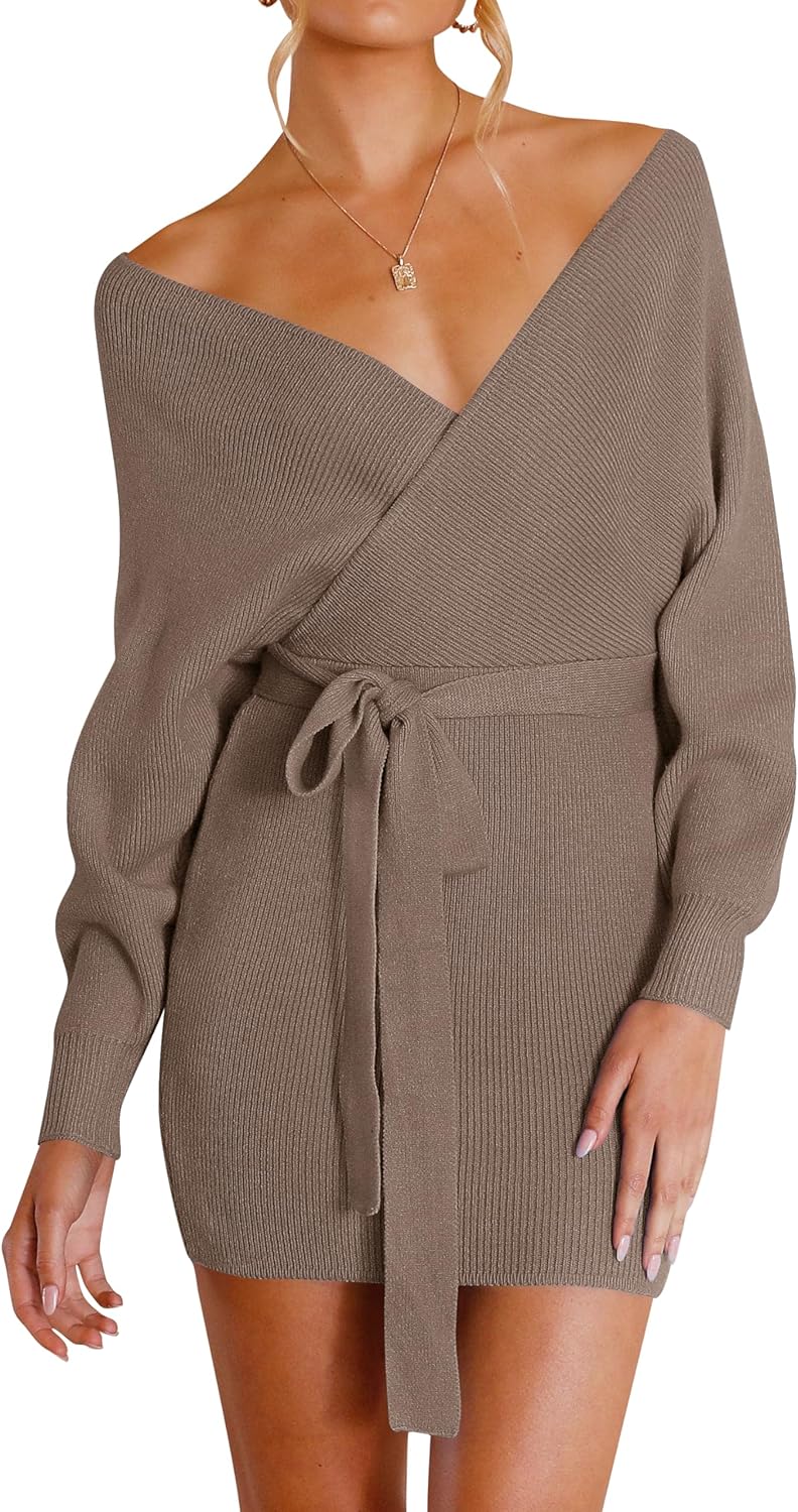ZESICA Women's Fall Long Batwing Sleeve Wrap V Neck Dress