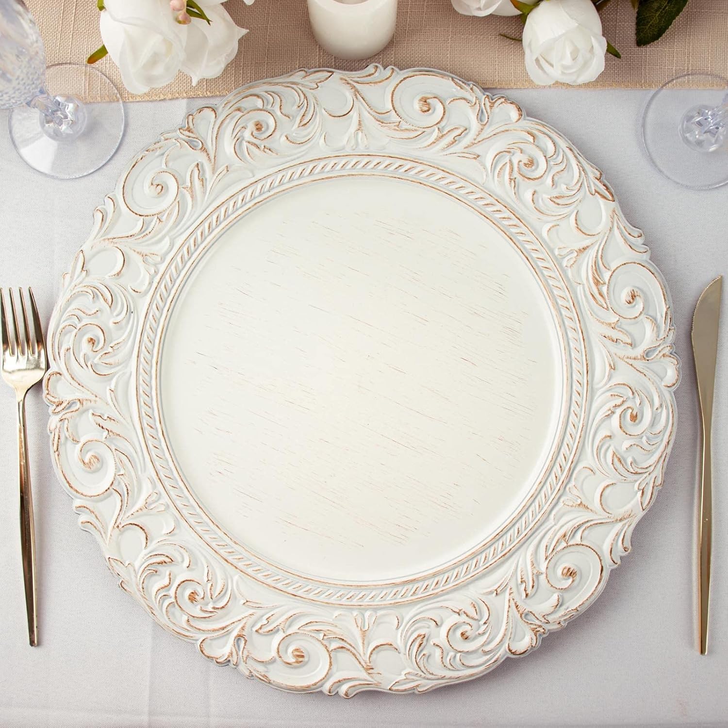 Stunning Antique White/Gold Charger Plates for Elegant Events!