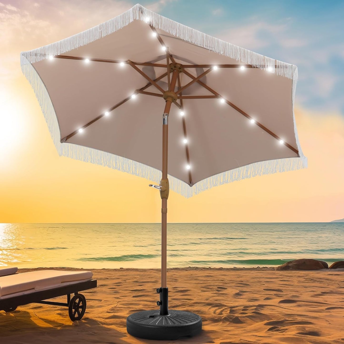 GDY 7.5 ft Fringe Patio Umbrella with Solar Lights for Shade