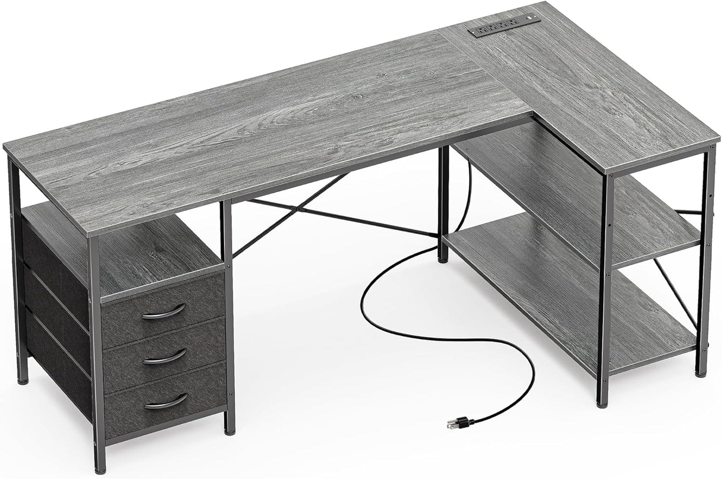 Huuger L Shaped Office Desk with Power Outlets and Drawers