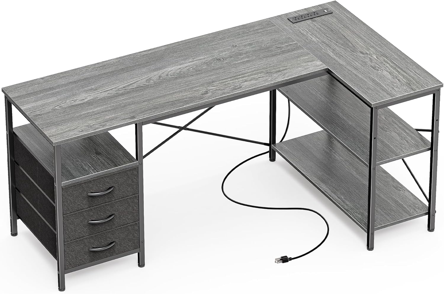 Huuger L Shaped Office Desk with Power Outlets and Drawers