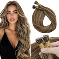 Nano Bead Human Hair Extensions Dark Brown Highlights - Natural Length