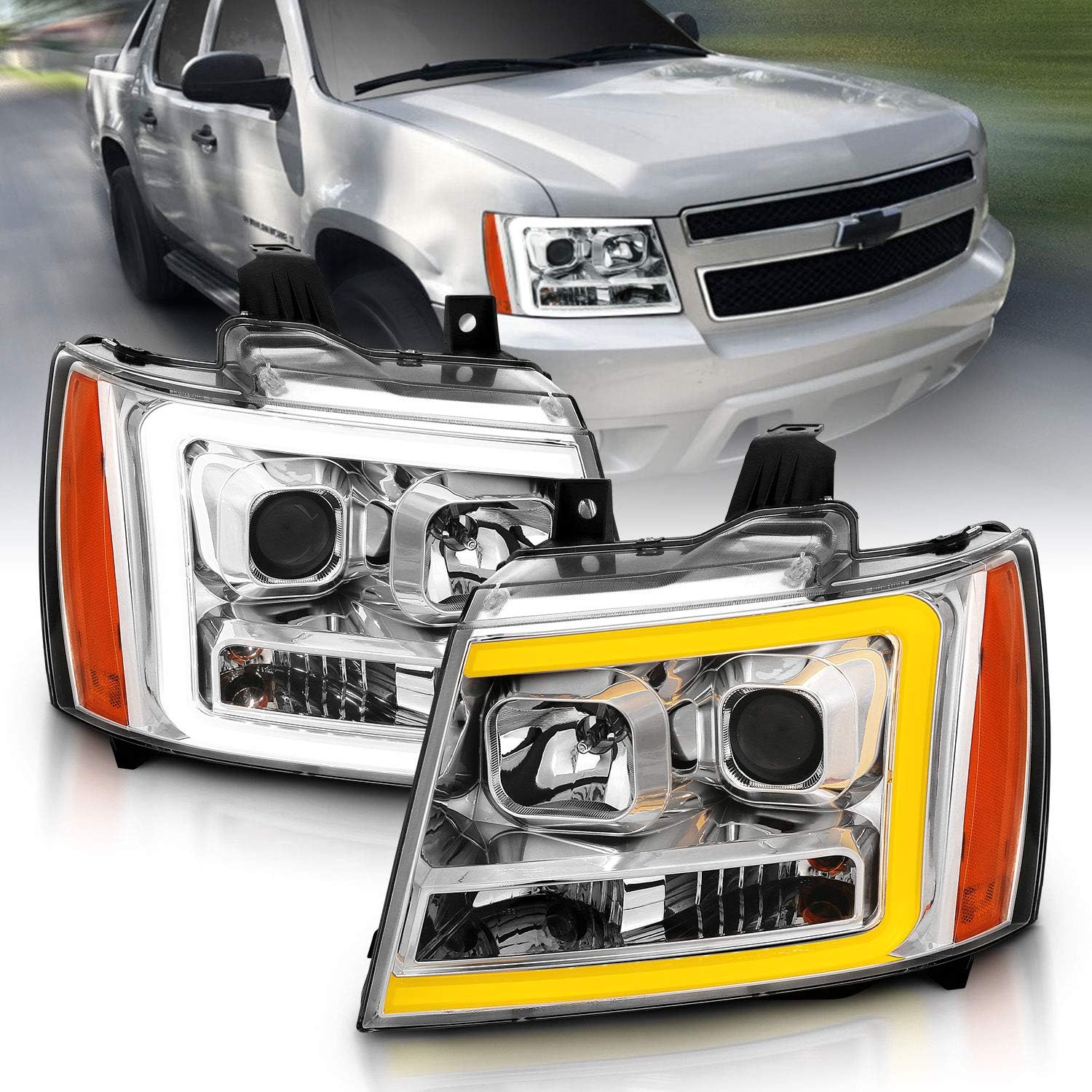 Switchback LED Turn Signal Tube Projector Headlights for Chevy
