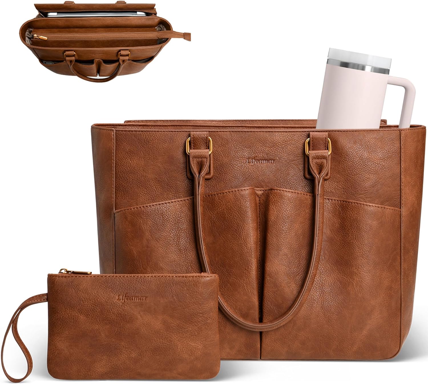 Laptop Tote Bag for Women Leather Work Bags with Large Cup Holder