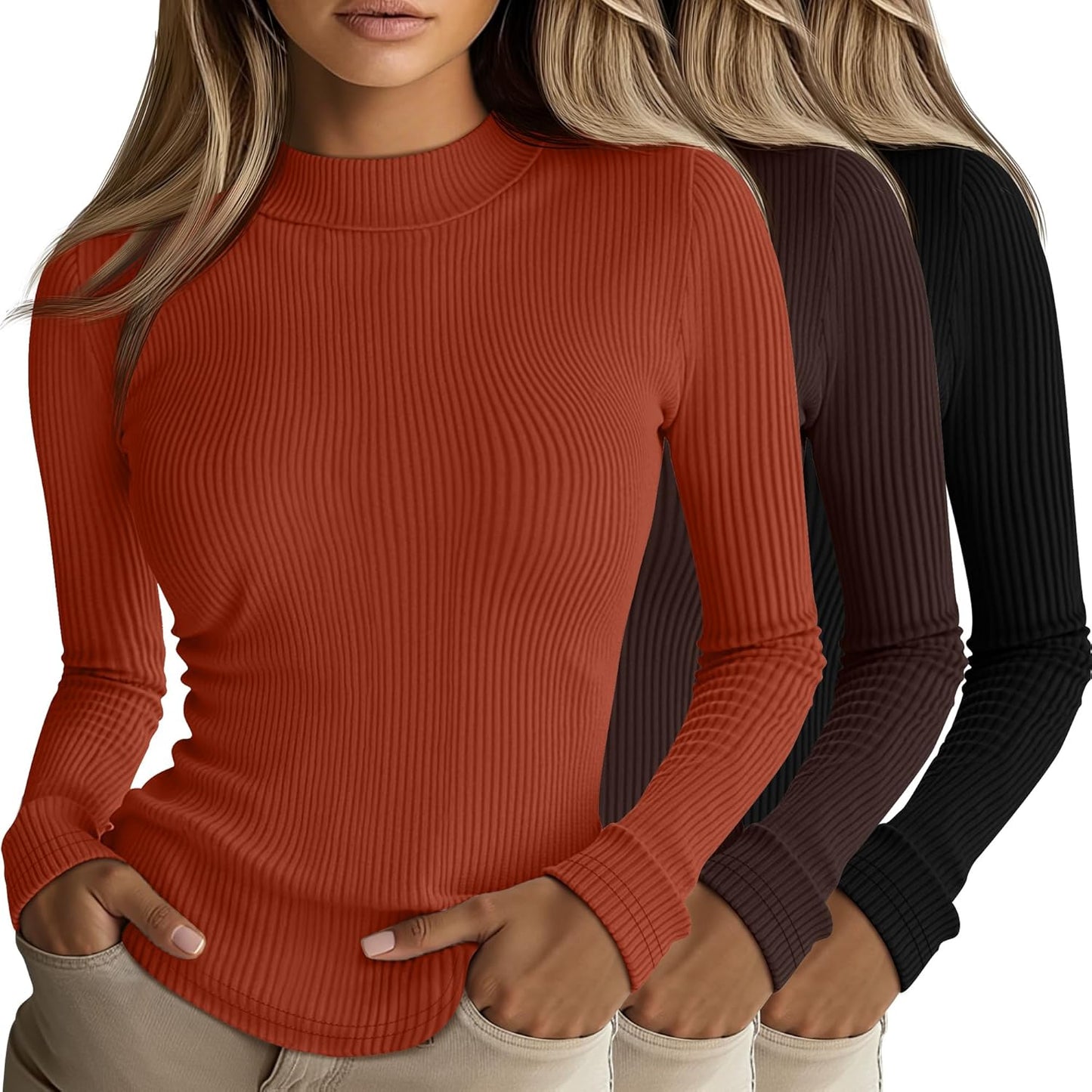 Riyiper 3 Pack Women's Ribbed Mock Turtleneck Long Sleeve Tops