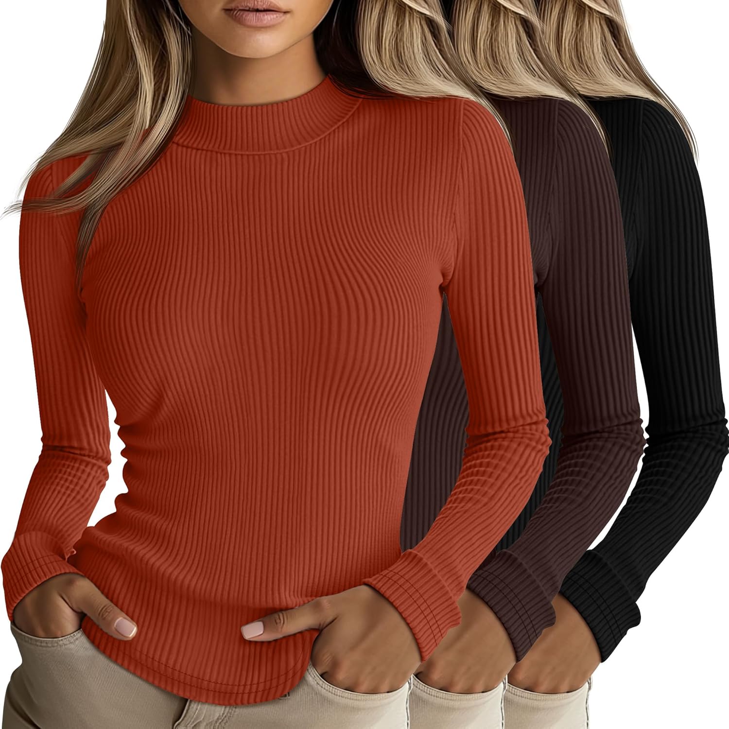 Riyiper 3 Pack Women's Ribbed Mock Turtleneck Long Sleeve Tops