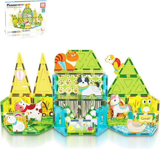 PicassoTiles Magnetic Tile Farm Animal Playset for Kids Fun