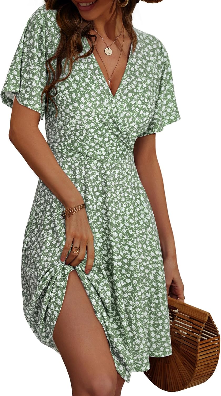 FENSACE Womens Sundress Summer Floral Short Sleeve Wrap Dress