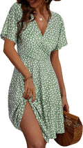 Womens Floral Wrap Sundress - Short Sleeve A-Line Midi Dress