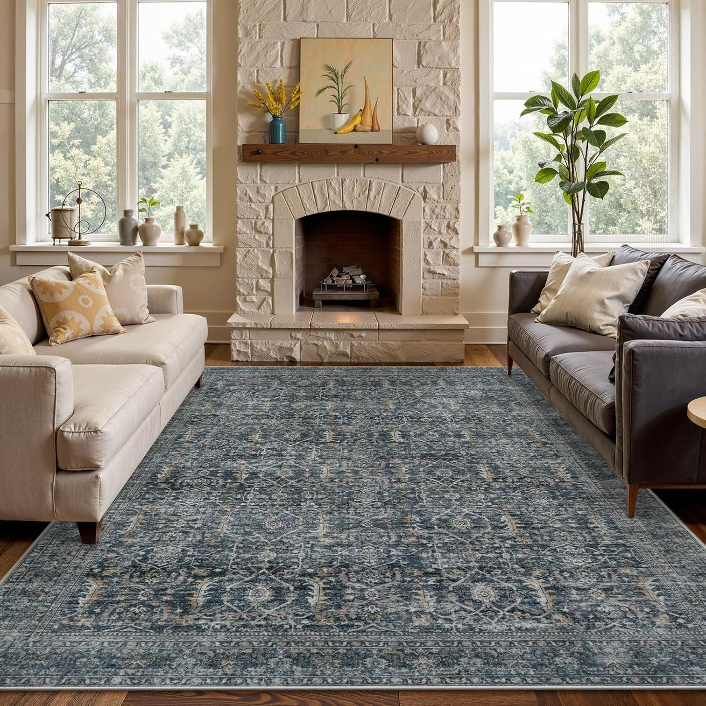 Collive Washable Area Rug 8x10 - Vintage Distressed Design