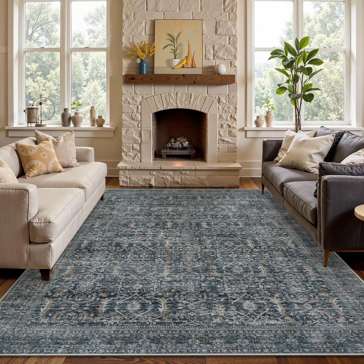 Collive Washable Area Rug 8x10 - Vintage Distressed Design