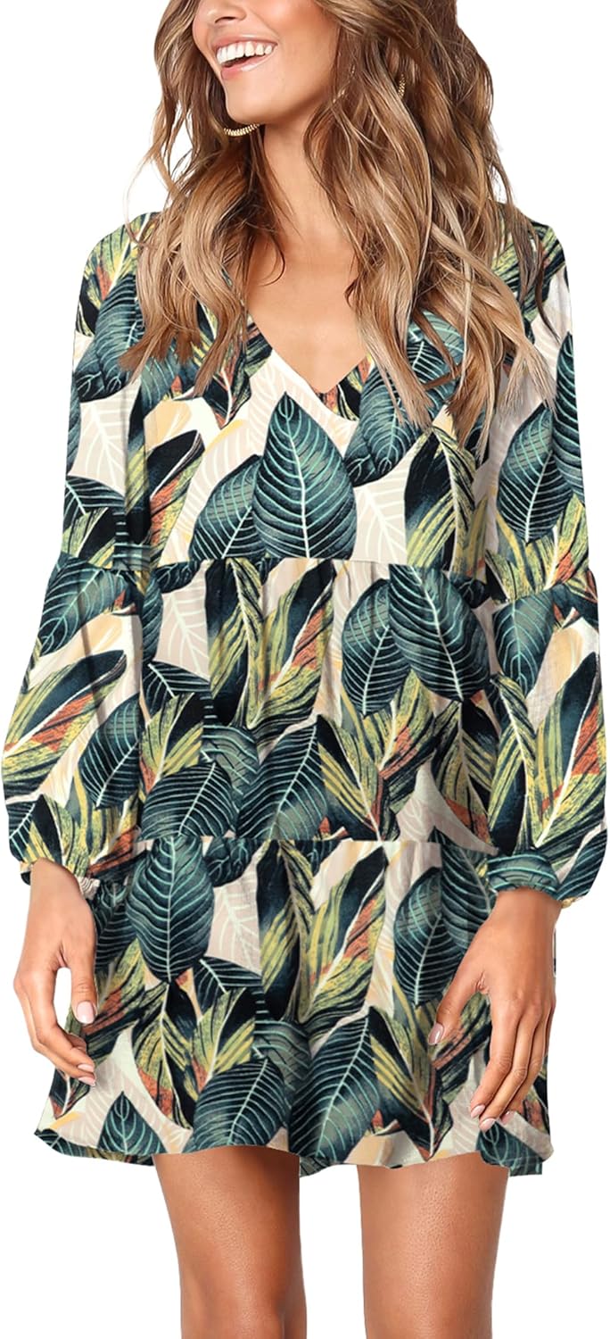 Amoretu Womens Tunic Dress Long Sleeve V Neck Casual Style