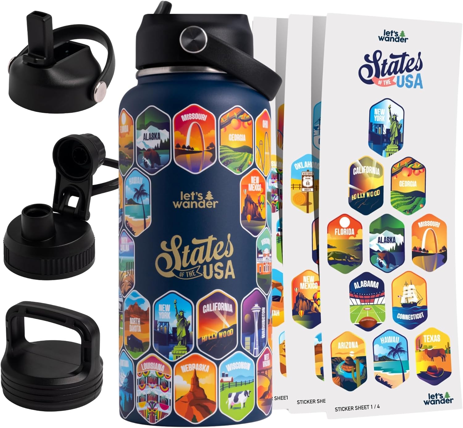 50 States Water Bottle with 3 Lids and 50 Stickers - 32oz