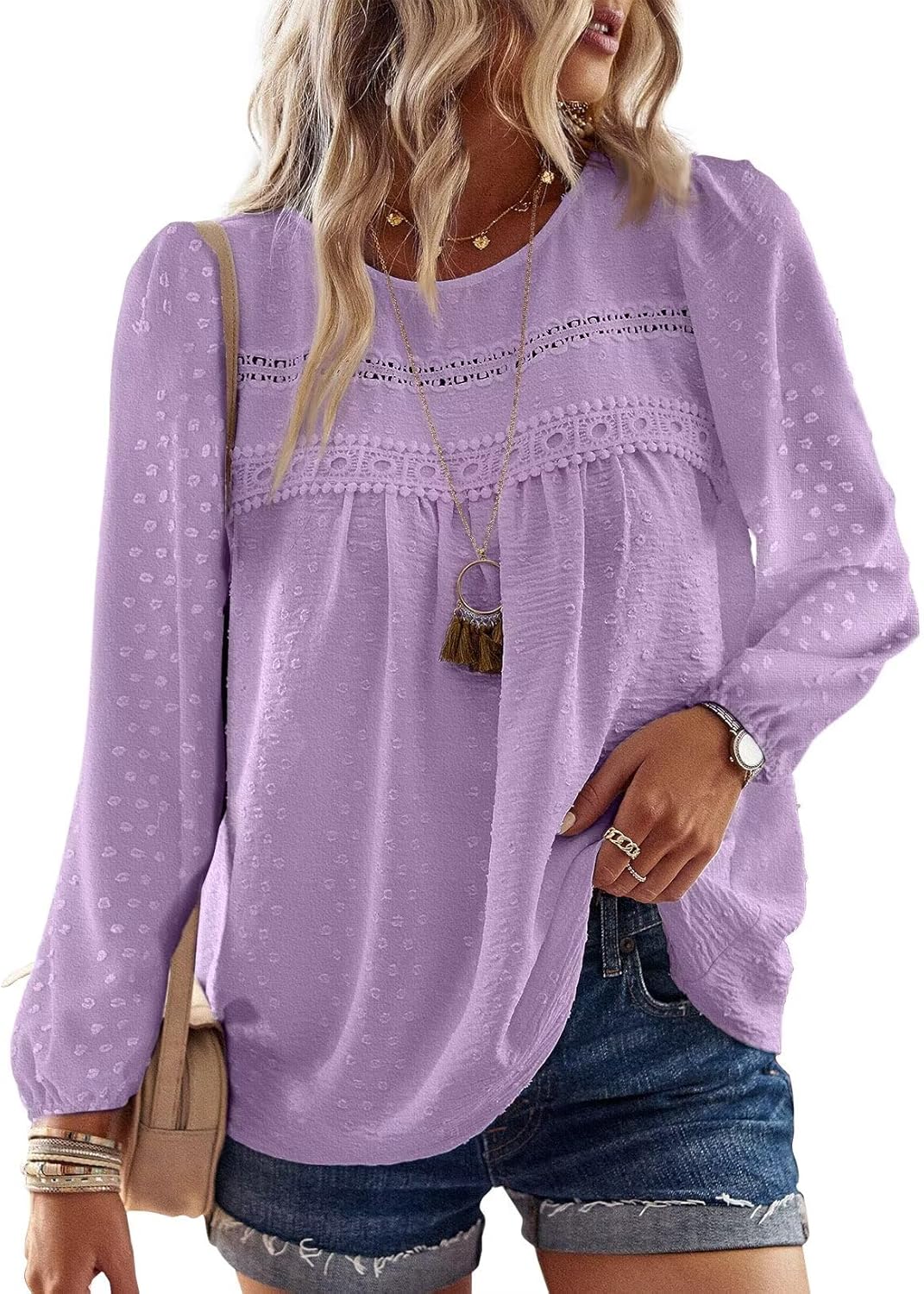 Womens Fall Tops Crewneck Long Sleeve Casual Chiffon Blouses