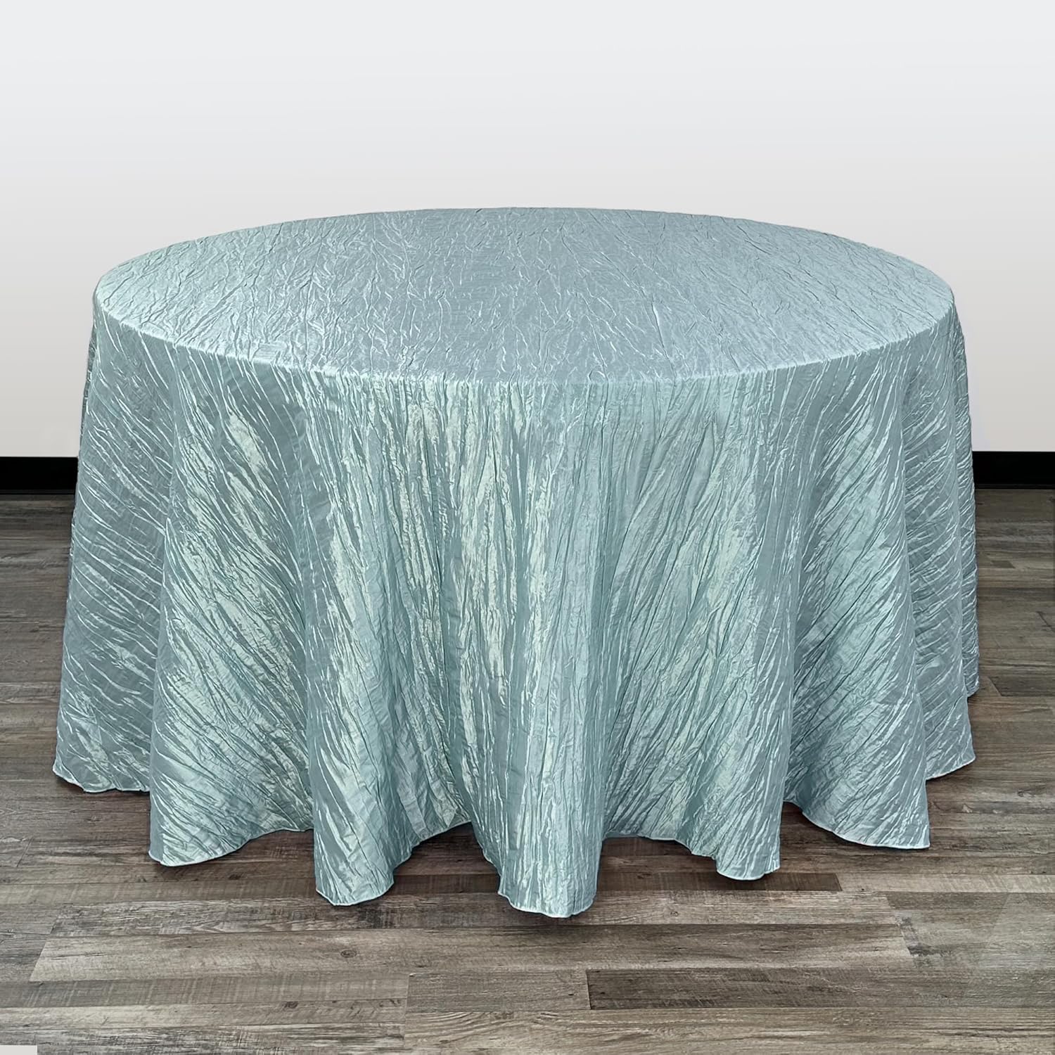 120 Inch Round Crinkle Taffeta Tablecloth in Dusty Blue