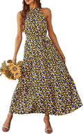 Women's Summer Floral Maxi Halter Dress - Flowy Ruffle Hem Jewelry