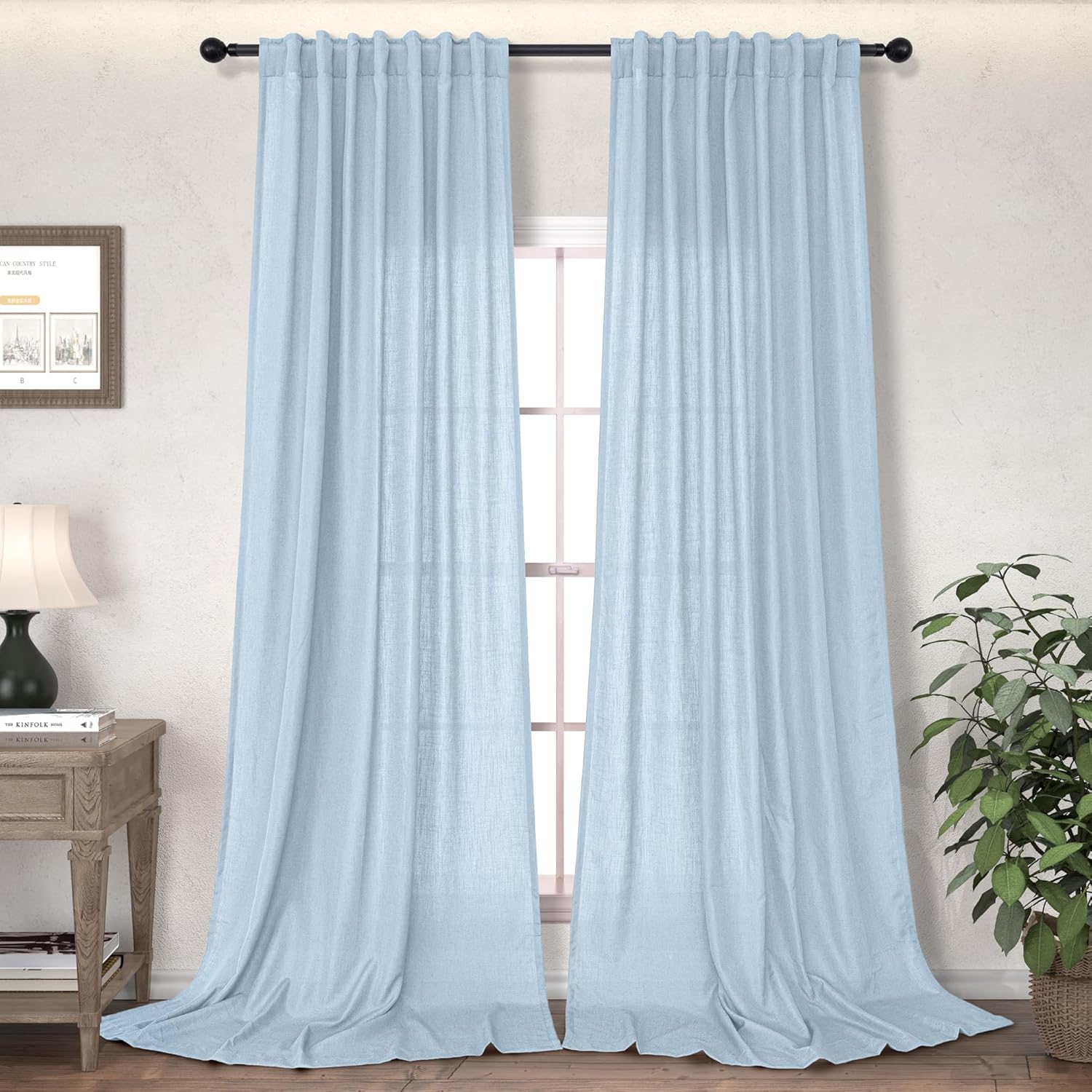 Blue Linen Curtains 96 Inches Long for Living Room 2 Panels Set