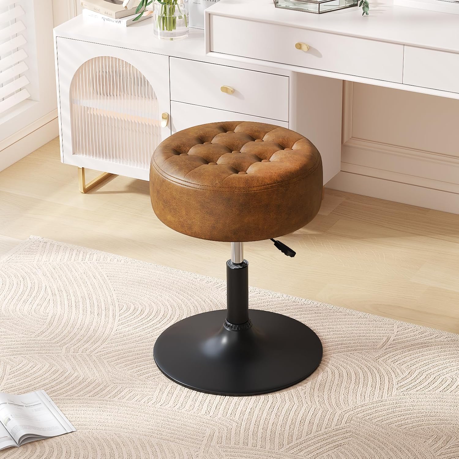 Faux Leather Makeup Vanity Stool with Adjustable Swivel Design