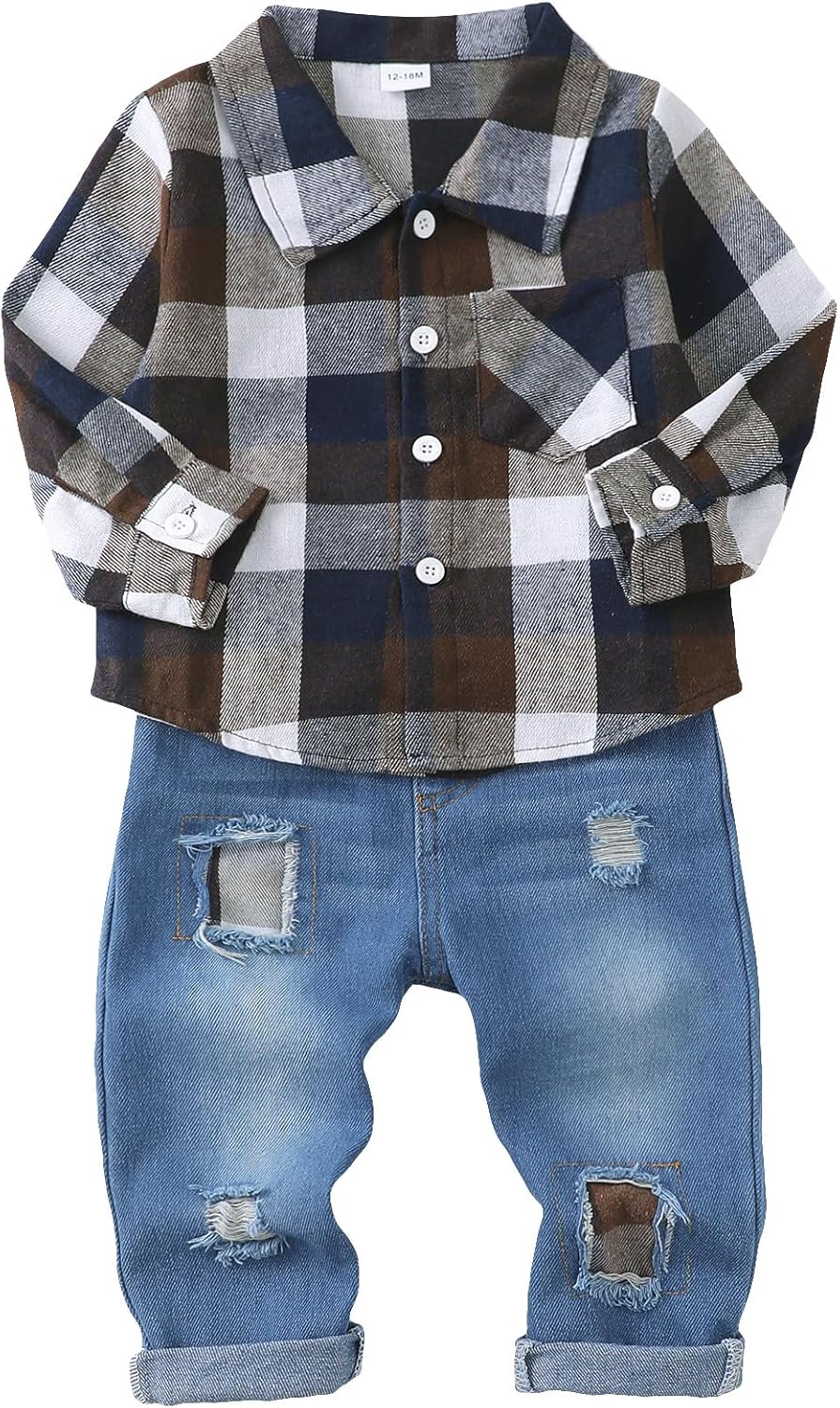 Toddler Baby Boy Clothes Set with Plaid Shirt and Ripped Jeans