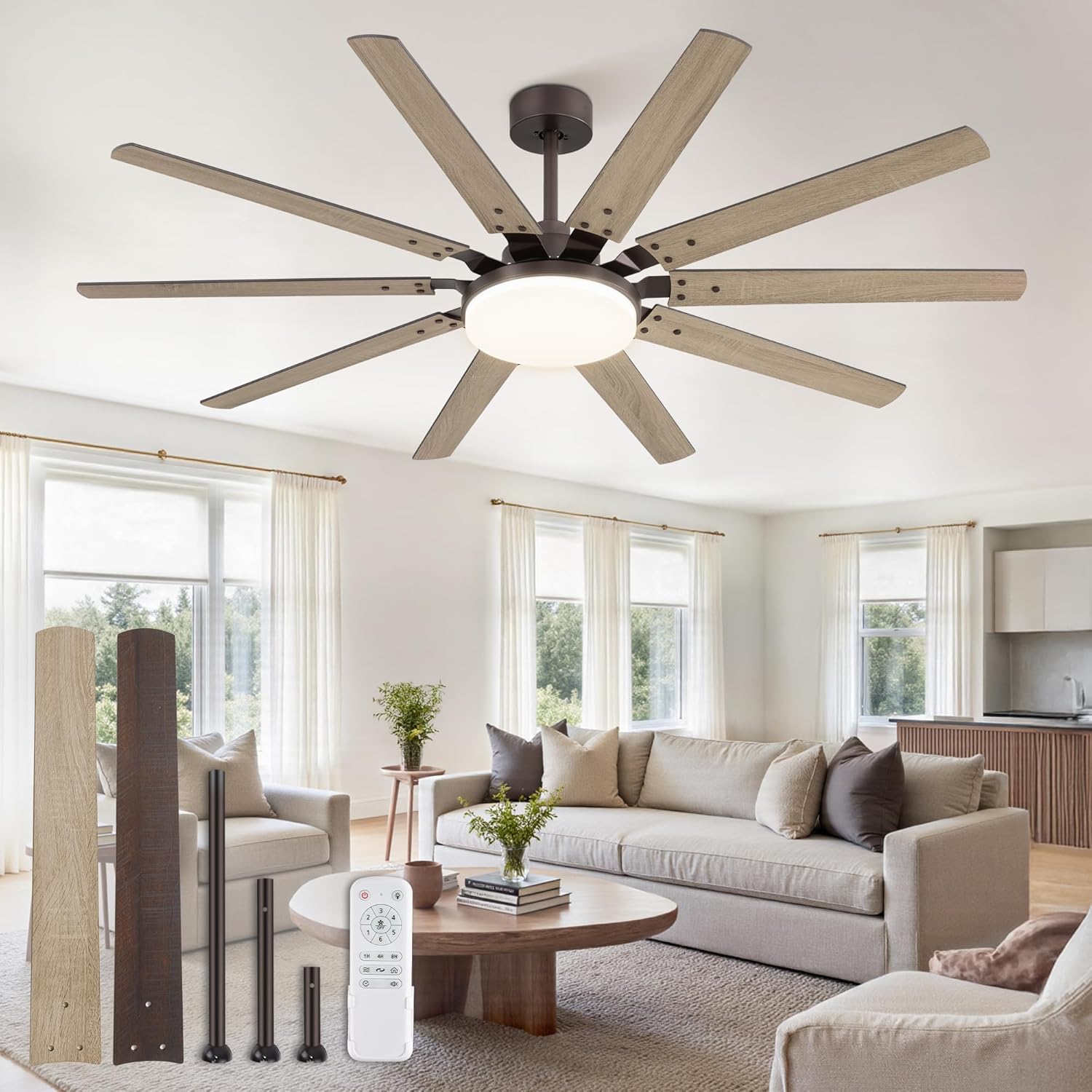 65 Inch Large Oil Rubbed Bronze Ceiling Fan with Lights and Remote
