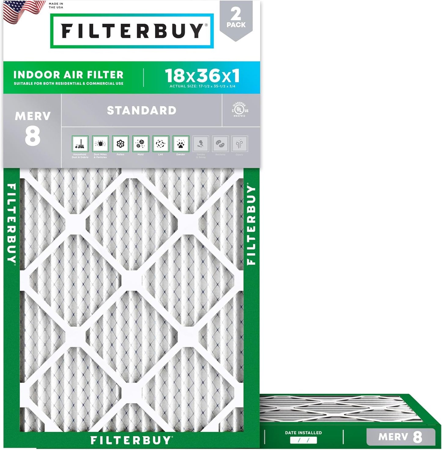 Filterbuy MERV 8 Dust Defense 18x36x1 Air Filters - Cleaner Air x2