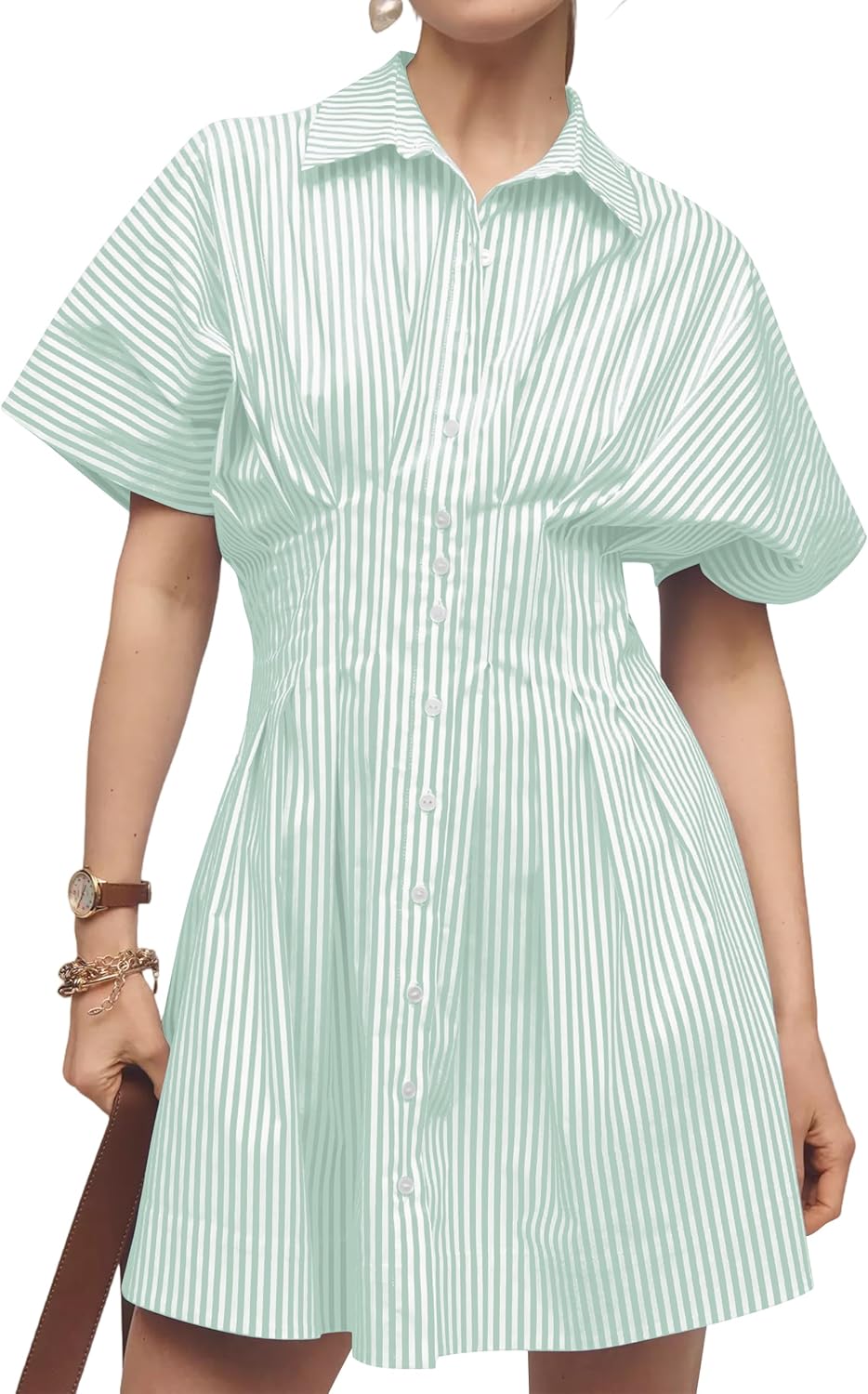 Women Button Front Pleated Shirt Dress for Summer Casual Style