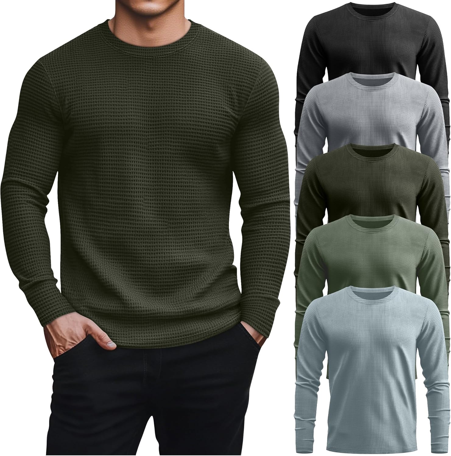 5 Pack Thermal Waffle Shirts for Men - Comfortable Crew Neck Tops