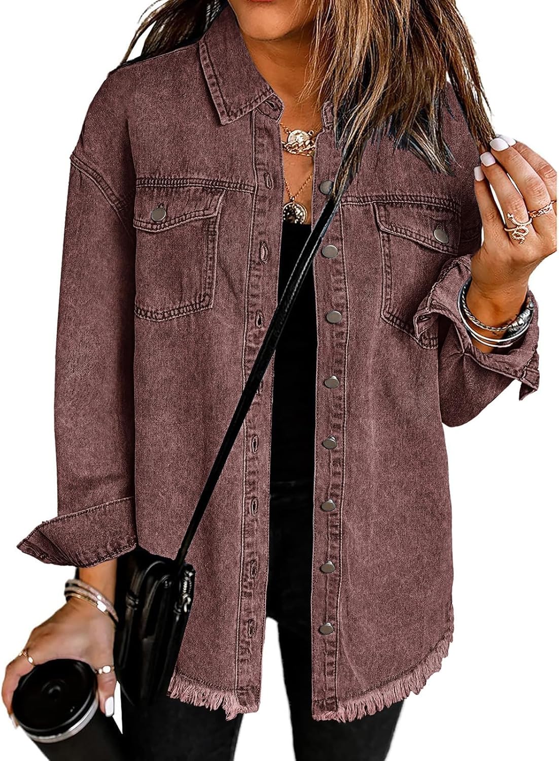 Oversized Button Up Frayed Hem Shacket for Women - Denim Jacket