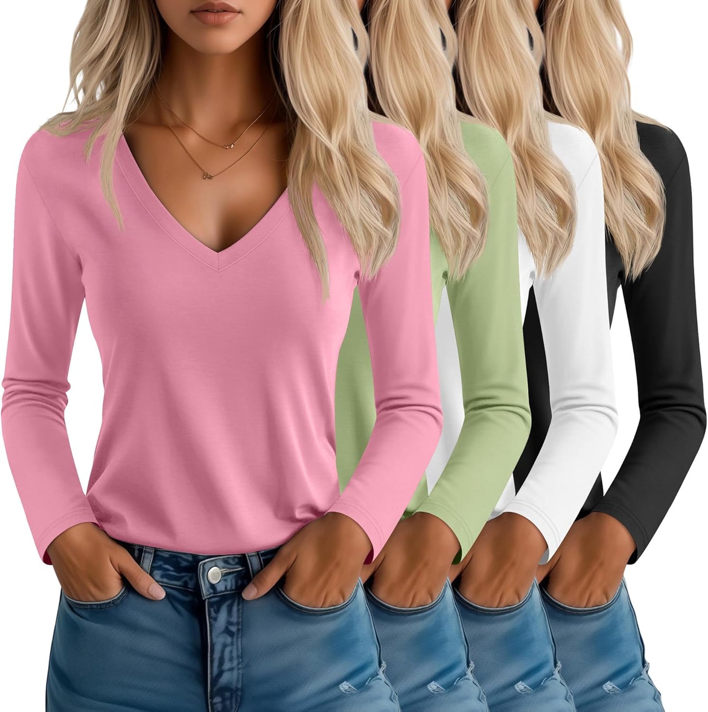 Neer Women's Long Sleeve T-Shirts V Neck Casual Tops 4 Pack