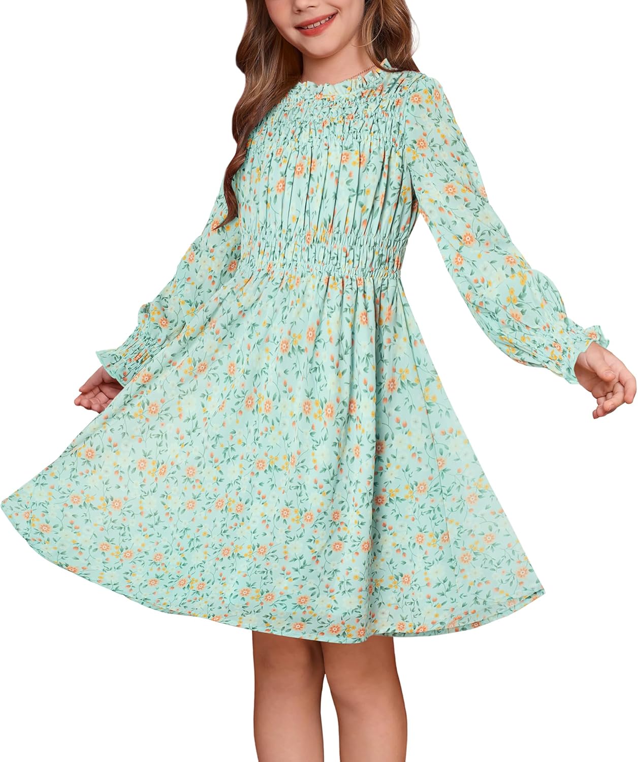 Girls' Fall Long Sleeve Floral Midi Dress for Special Occasions