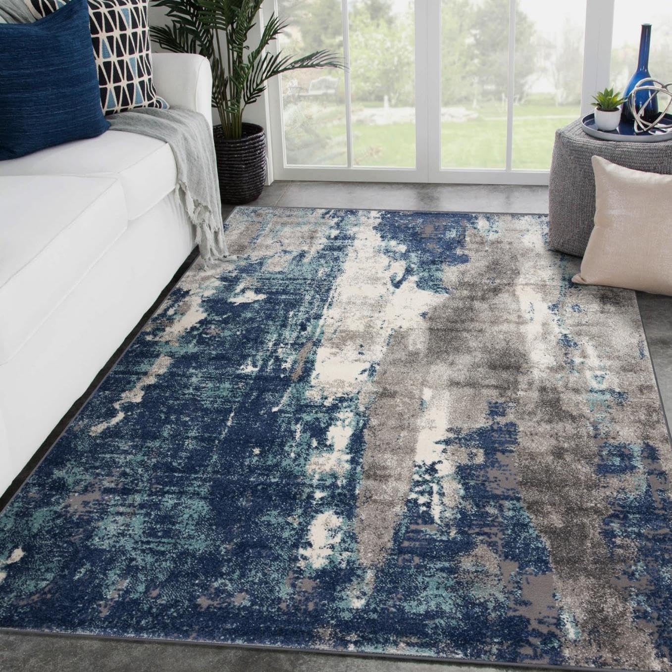 Modern Abstract Area Rug 8x10 in Dark Blue and Aqua Colors