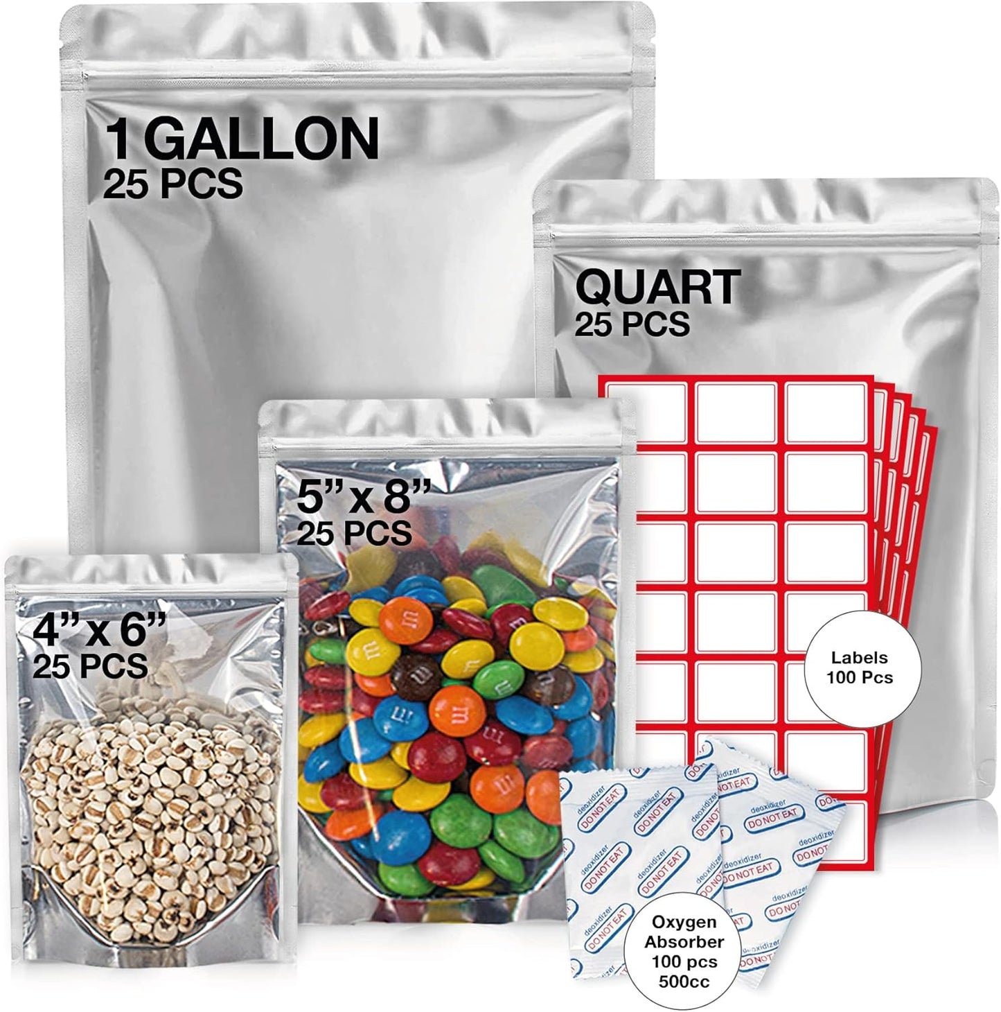 Assorted Mylar Bags for Food Storage with Oxygen Absorbers
