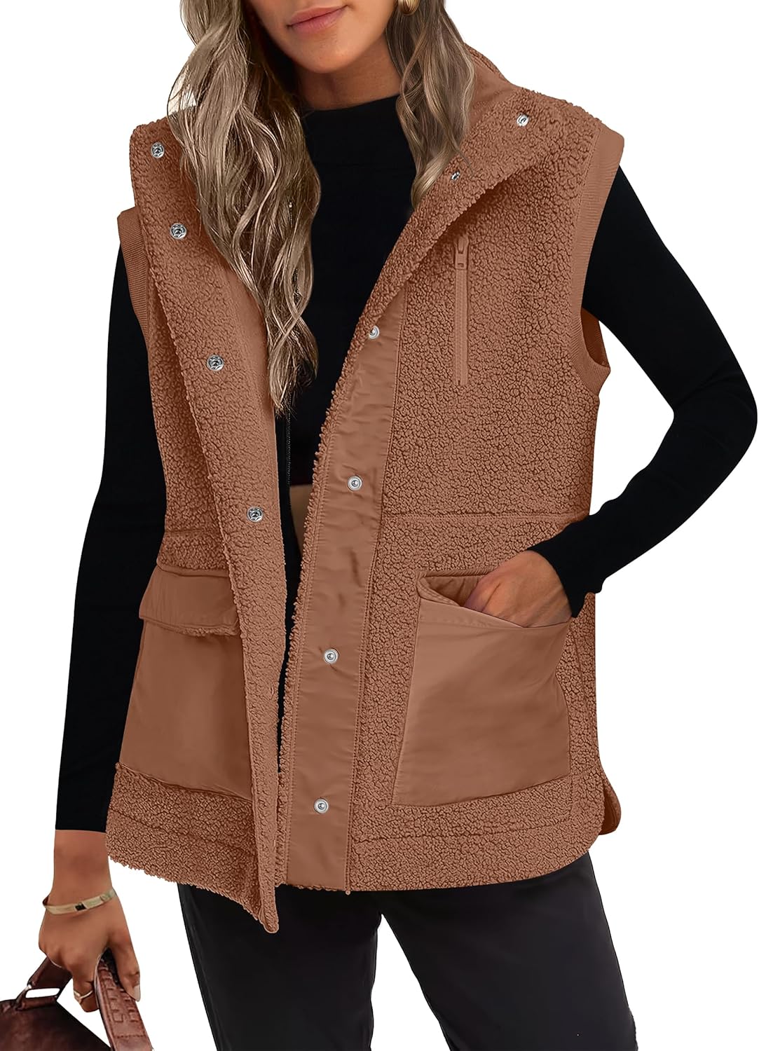 Womens Fleece Vest Loose Warm Button Down Fall Fuzzy Sherpa Jackets